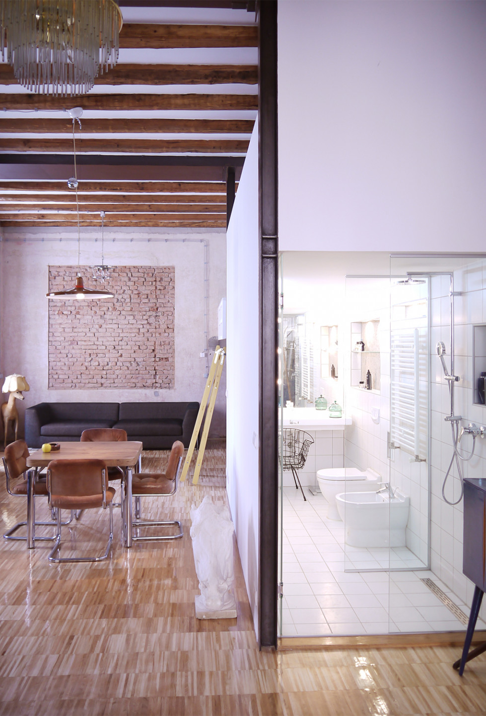 Loft T in Zagreb • living room and bathroom